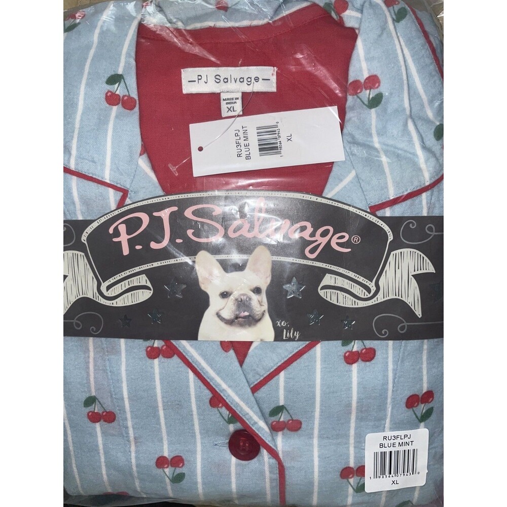 PJ SALVAGE BLUE LIGHTWEIGHT FLANNEL 2PC PAJAMA SET Women's XL Cotton Cherry